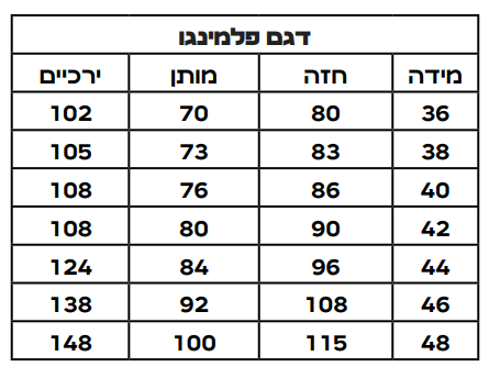 טבלת מידות דגם פלמינגו