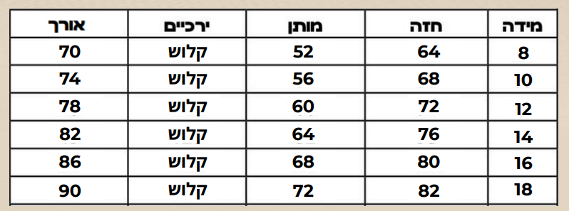 טבלת מידות